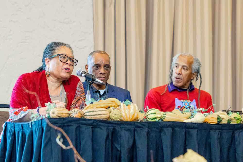 Claudia J. Ford, Orland Bishop, and Jim Embry during keynote presentation on &quot;Biodynamics, Indigeneity, and Social Justice&quot;