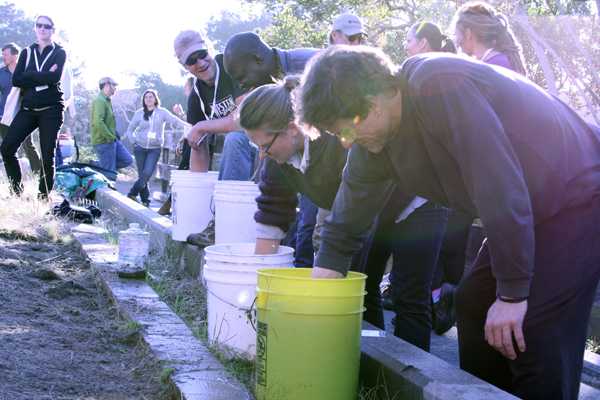 Compost workshop participants take turns stirring the biodynamic preparations